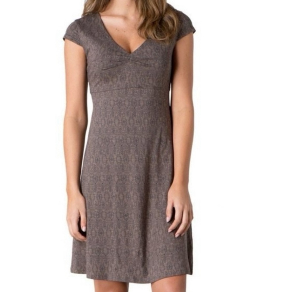 Cap-Sleeve Brown V-Neck Textured Women's Dress